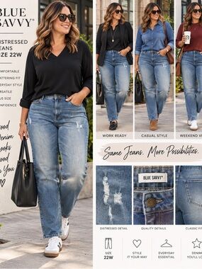 Blue Savvy Distressed Straight Leg Jeans - Light Blue - 22W